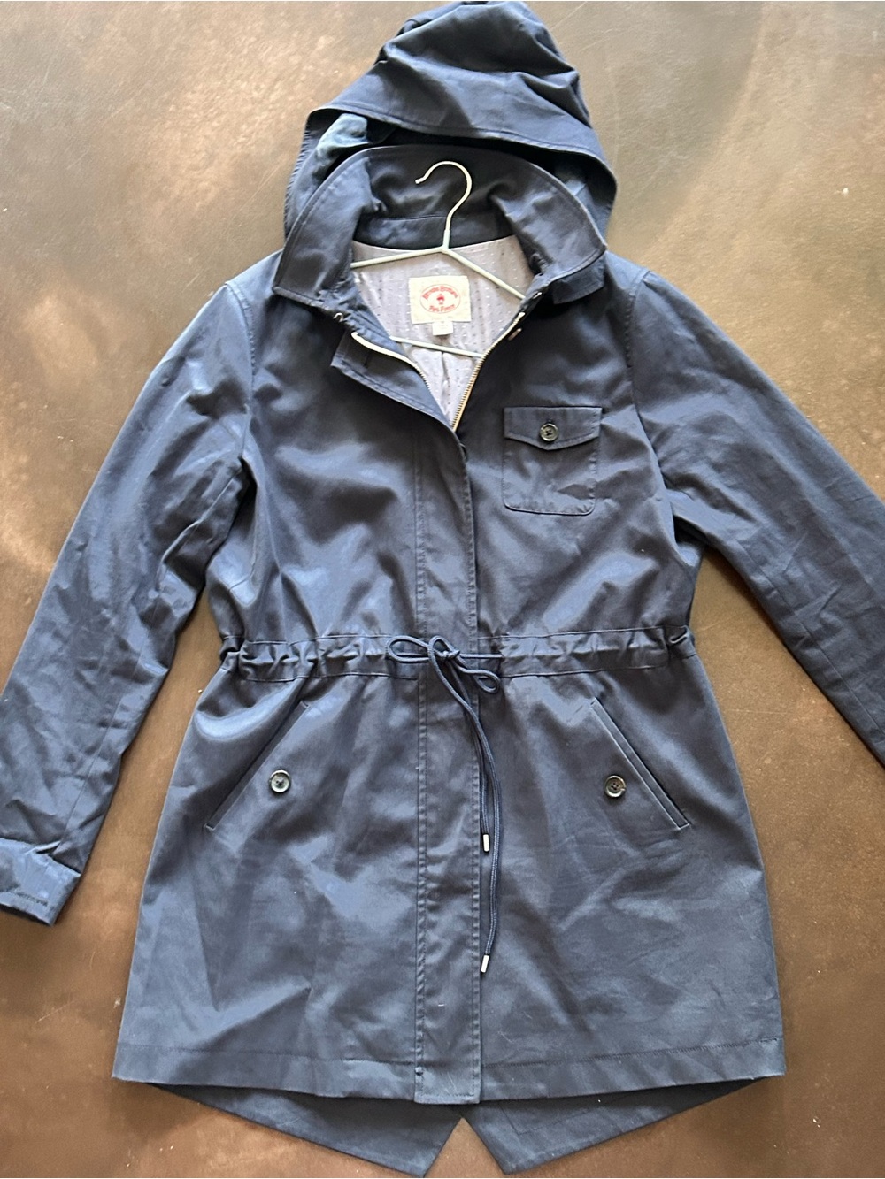Brooks Brothers Navy Hooded Trench Coat with Drawstring Waist